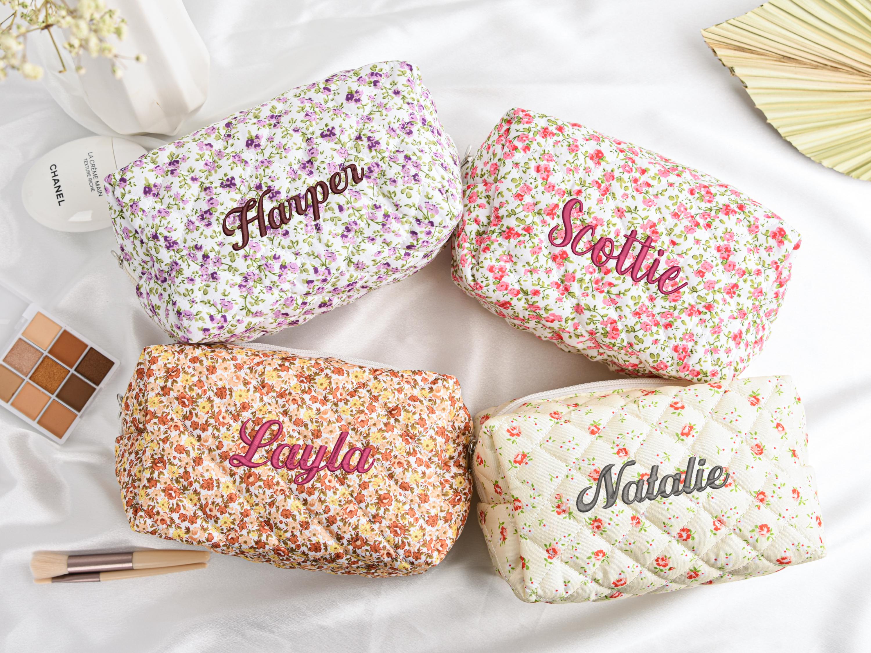Personalized Floral Embroidered Makeup Bag, Large Capacity Cosmetic Bag, Bridesmaid & Mother’s Day Gift