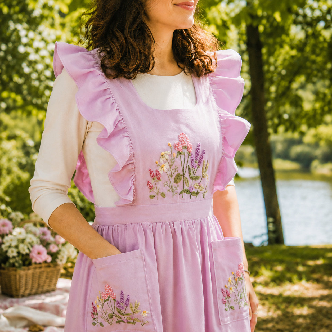 Personalized Hand-Embroidered Floral Apron, Custom Linen Apron, Kitchen Apron with Pockets, Baking Gift, Gift For Her, Mom Gift EMAP01