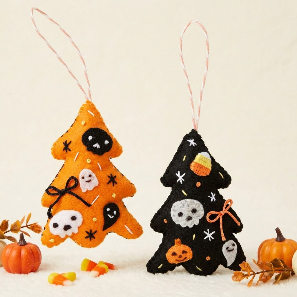 Set 2Pcs - Handmade Halloween Felt Tree Ornament, Cute Ghost Pumpkin Skull Hanging Decoration, Spooky Halloween Gift HFOR01