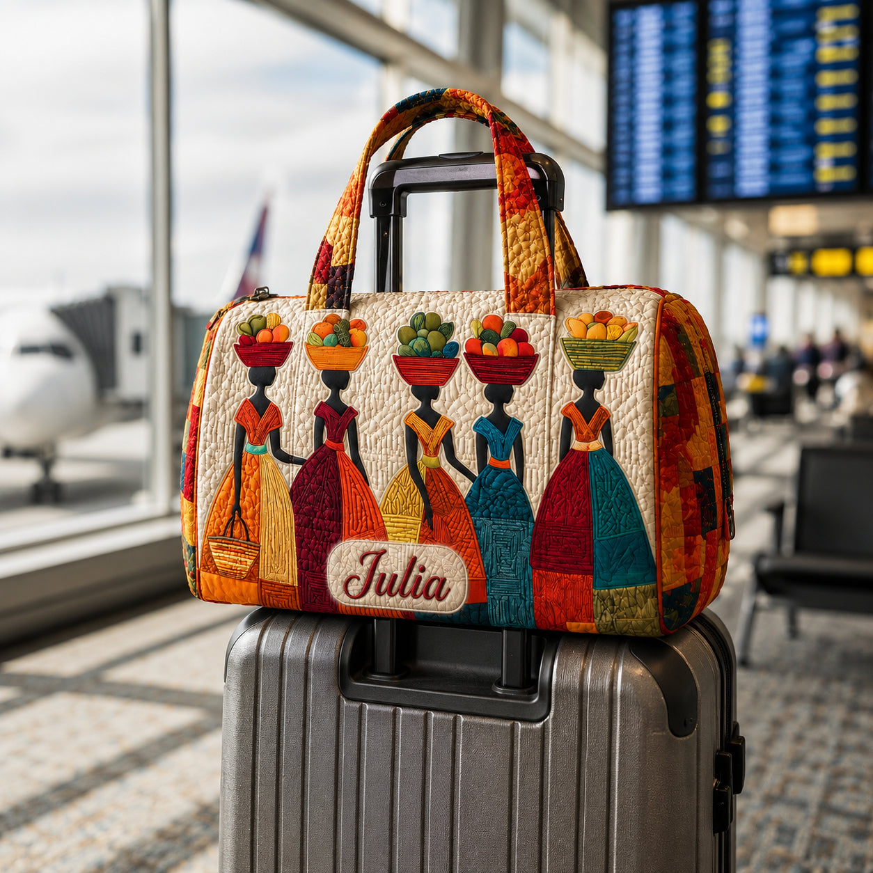 Personalized African Art Quilted Duffle Bag, African Women Art Travel Bag, Custom Name Weekender Bag, Quilted Overnight Bag, Gift for Women DFB23