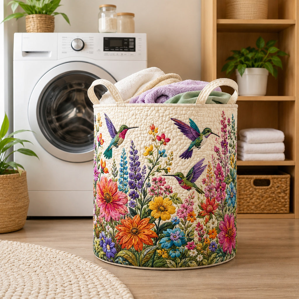 Hummingbird Pattern Quilted Laundry Basket, Hummingbird Floral Pattern Storage Hamper, Custom Name Quilted Basket, Laundry Room Decor, Family Basket, Fabric Clothes Basket QBK85