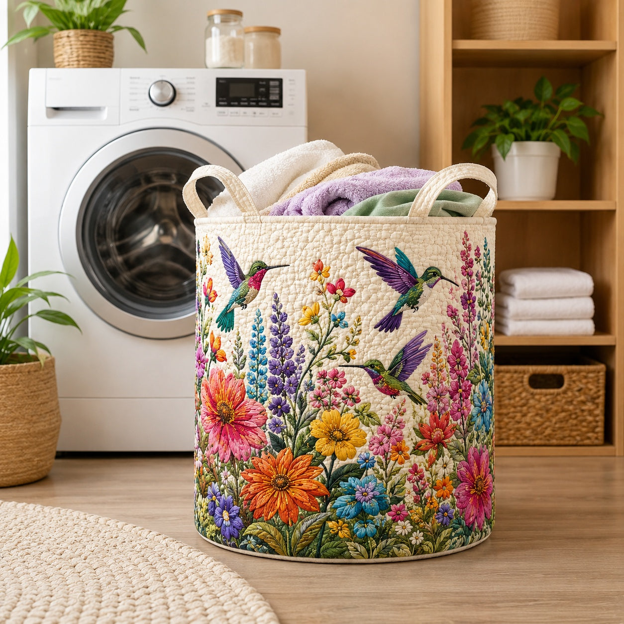 Hummingbird Pattern Quilted Laundry Basket, Hummingbird Floral Pattern Storage Hamper, Custom Name Quilted Basket, Laundry Room Decor, Family Basket, Fabric Clothes Basket QBK85