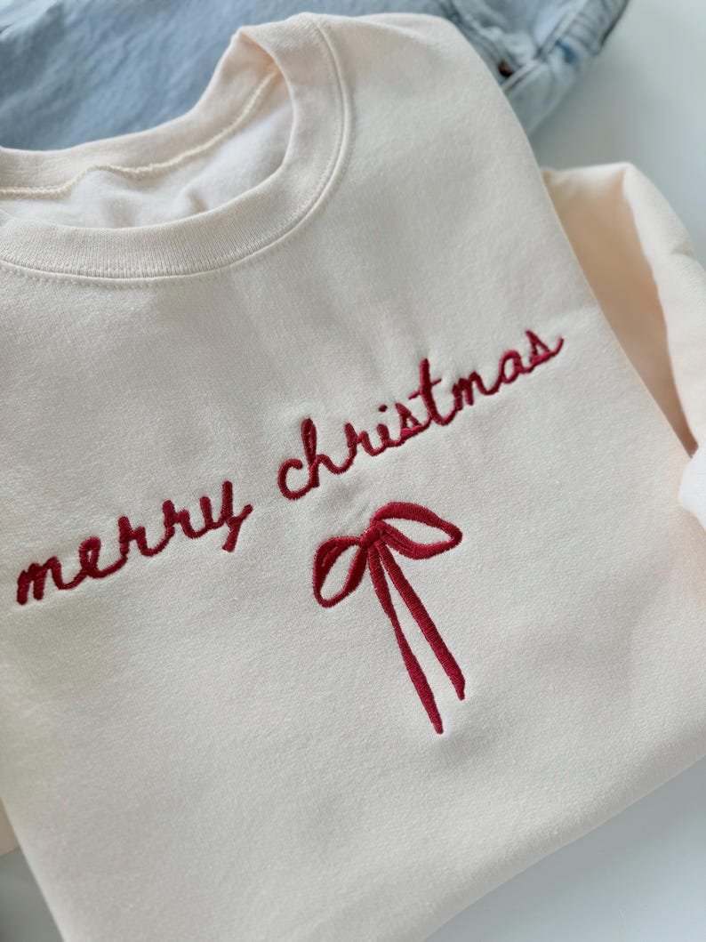 Merry Christmas Bow Embroidered Sweatshirt, Xmas Bow Shirt, Christmas Shirt Gift XMASS01