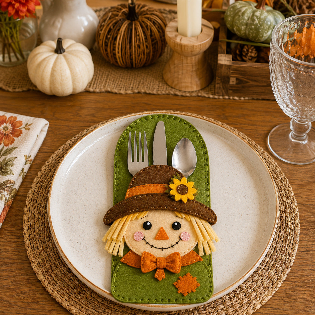 Handmade Felt Fall Season Cutlery Holder, Figurehead Silverware Holder, Cute Fall and Halloween Table Decor, Thanksgiving Cutlery Pocket, Holiday Dining Decor FELTCH01