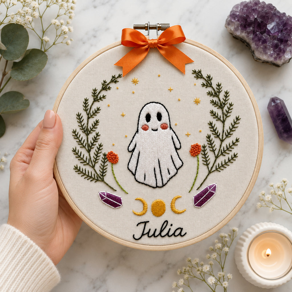 Personalized Ghost Embroidery Hoop Art, Halloween Nursery Wall Decor, Custom Name Fall Embroidery, Cute Spooky Handmade Gift HOOP02