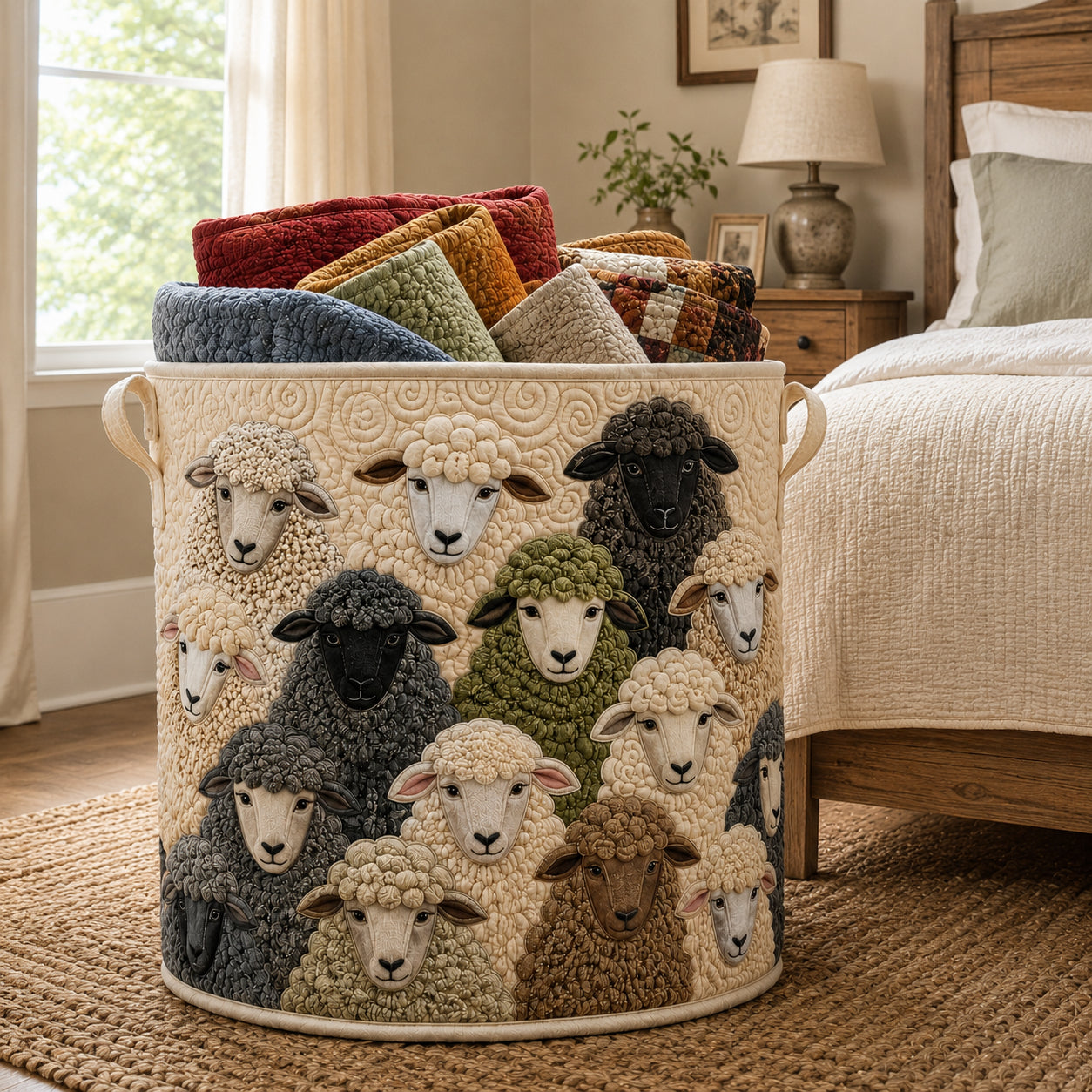 Sheep Quilted Laundry Basket, Lamb Storage Hamper, Custom Name Quilted Basket, Laundry Room Decor, Fabric Clothes Basket QBK75