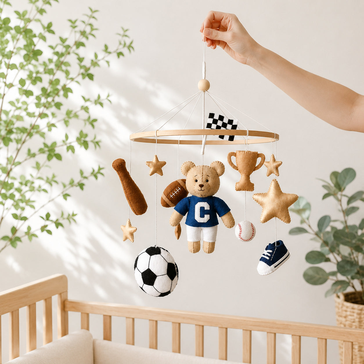 Personalized Sports Felt Baby Mobile, Handmade Bear Nursery Crib Mobile, Football Baseball Soccer Baby Boy Room Decor BBMB01