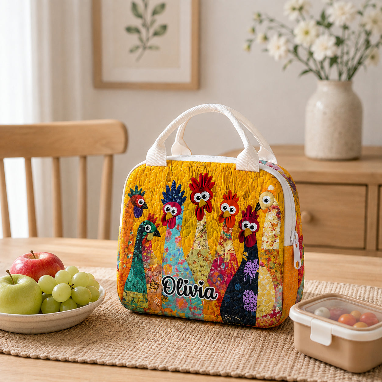 Personalized Quilted Lunch Bag, Insulated Quilted Lunch Tote, Custom Name Lunch Bag, Cute Chicken Lunch Bag, Reusable School Lunch Tote QLB01
