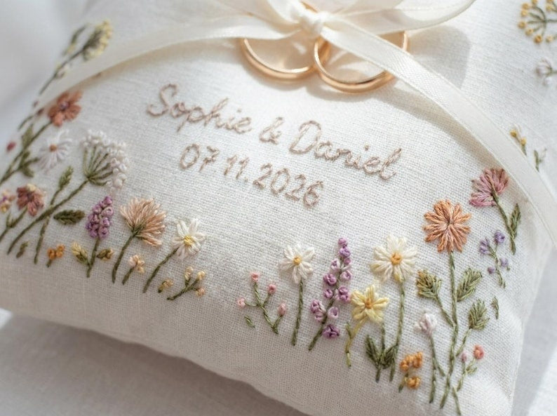 Personalized Embroidered Floral Wedding Ring Bearer Pillow, Custom Name & Wedding Date Ring Pillow, Romantic Wedding Ceremony Keepsake Gift WPILLOW01