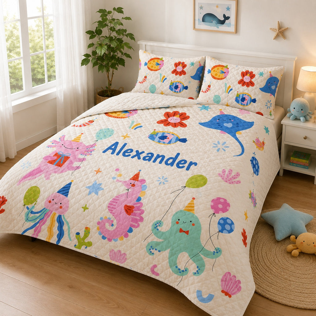 Personalized Under the Sea Quilted Bedding Set, Custom Name Kids Ocean Quilt Set with Pillow Covers, Cute Sea Animals Bedroom Decor QBEDSET01
