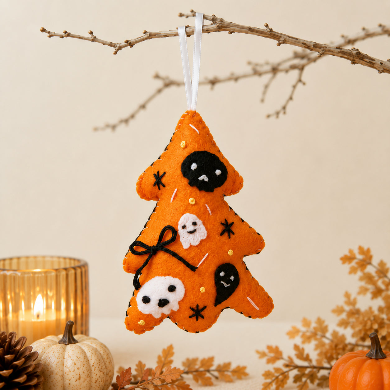 Set 4Pcs Handmade Halloween Tree Felt Tree Ornament, Cute Ghost Pumpkin Skull Hanging Decoration, Spooky Halloween Gift HFOR03