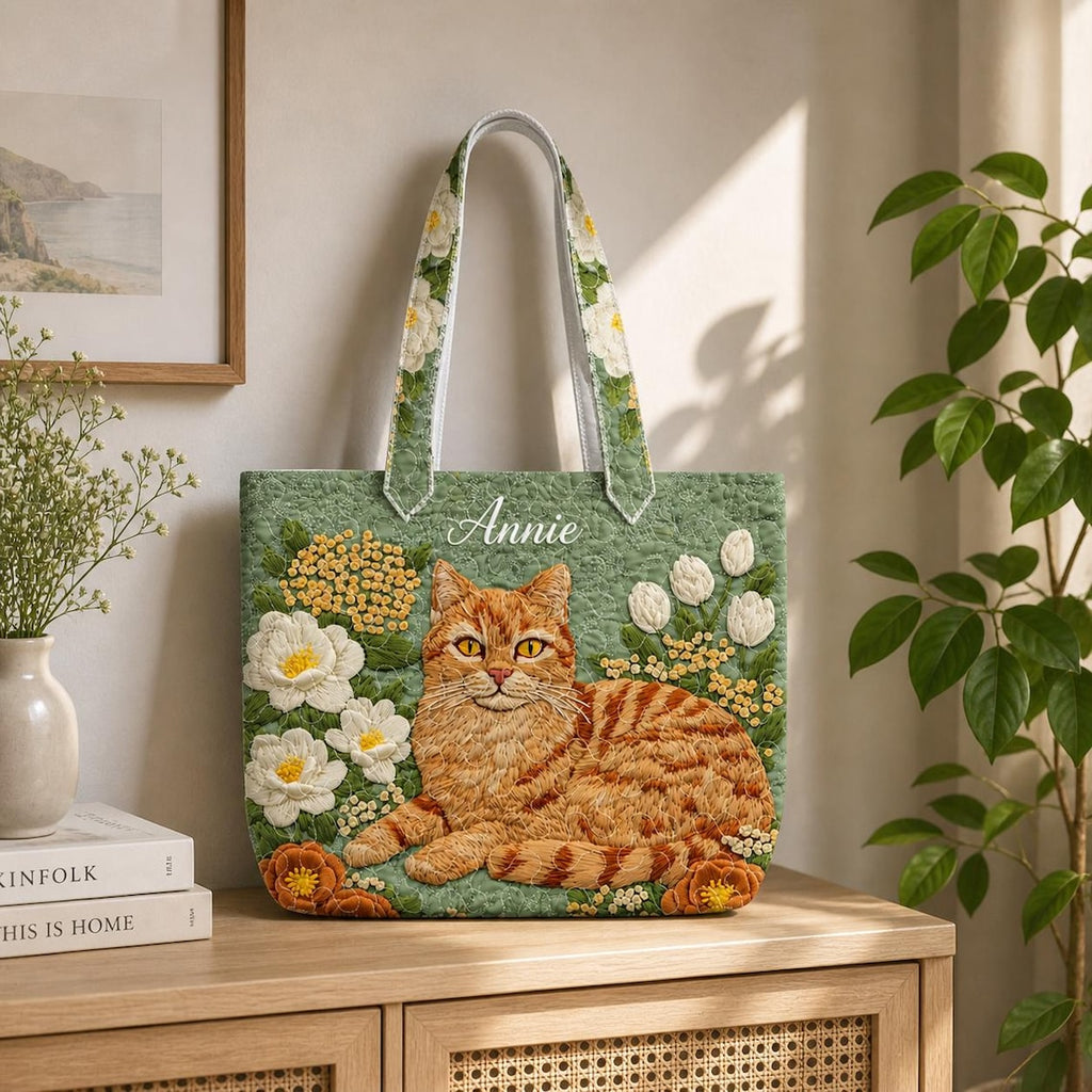 Flower Cat Quilted Tote Bag, Cat Shoulder Bag, Cat Art Tote, Shoulder Bag, Gift Bag QTOTE25