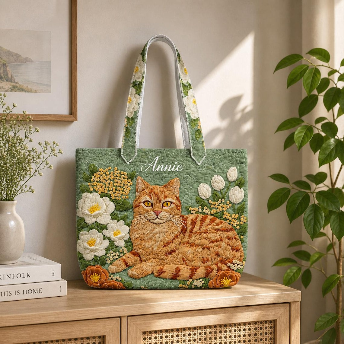 Flower Cat Quilted Tote Bag, Cat Shoulder Bag, Cat Art Tote, Shoulder Bag, Gift Bag QTOTE25
