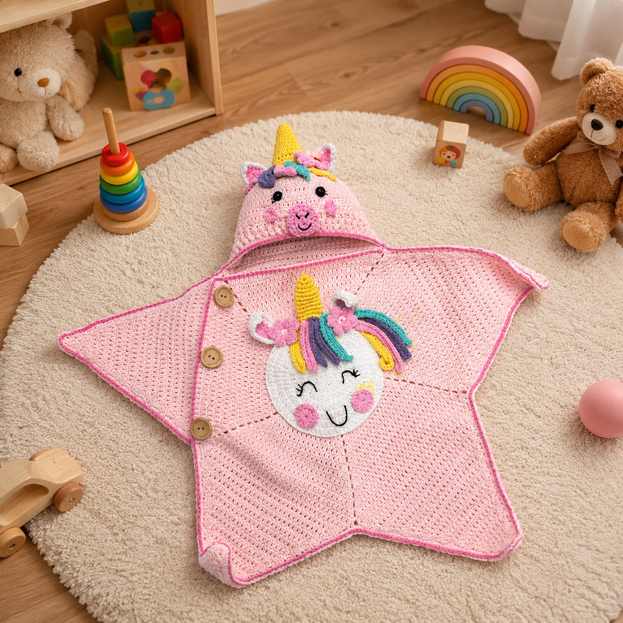 Personalized Unicorn Baby Swaddle, Star Cocoon, Custom Baby Star Romper Sleep Sack, Hooded Newborn Wrap, Handmade Crochet Knit Outfit, Custom Name Baptism Baby Shower Gift BABYSR01