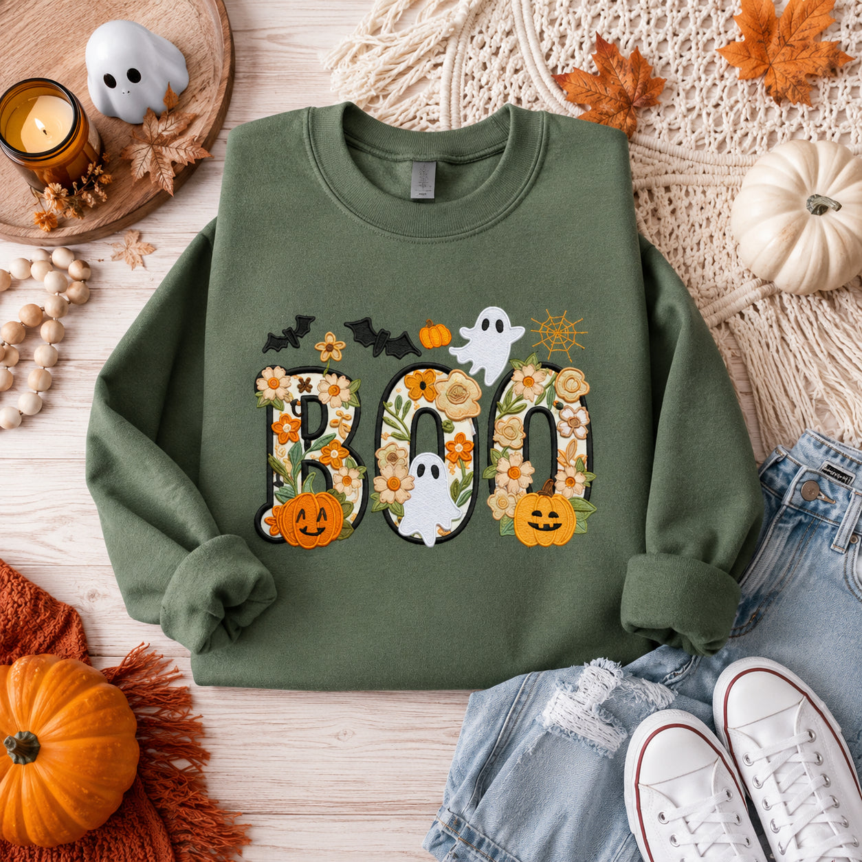 Floral Boo Halloween Shirt, Boo Sweatshirt, Embroidery Ghost Hoodie, Halloween Gift, Trending Halloween Family Clothing HLEM01