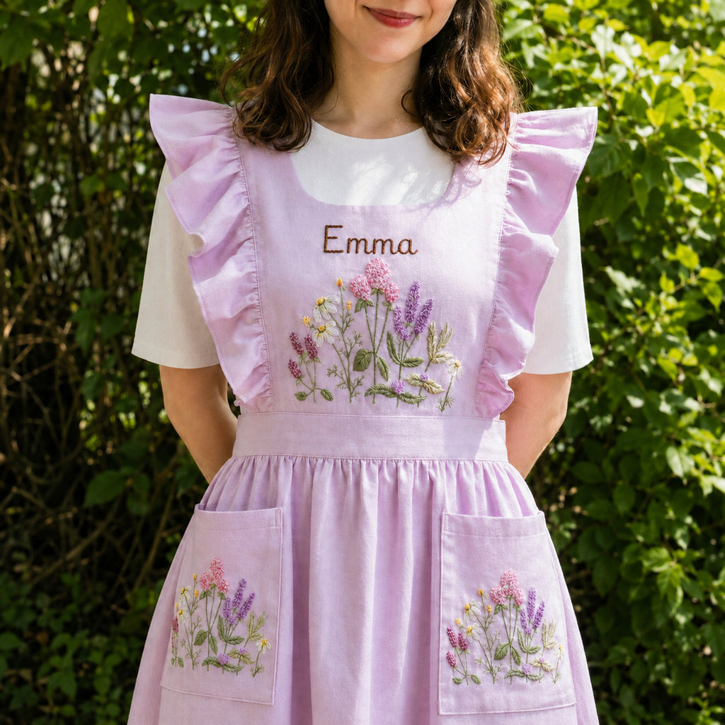 Personalized Hand-Embroidered Floral Apron, Custom Linen Apron, Kitchen Apron with Pockets, Baking Gift, Gift For Her, Mom Gift EMAP01