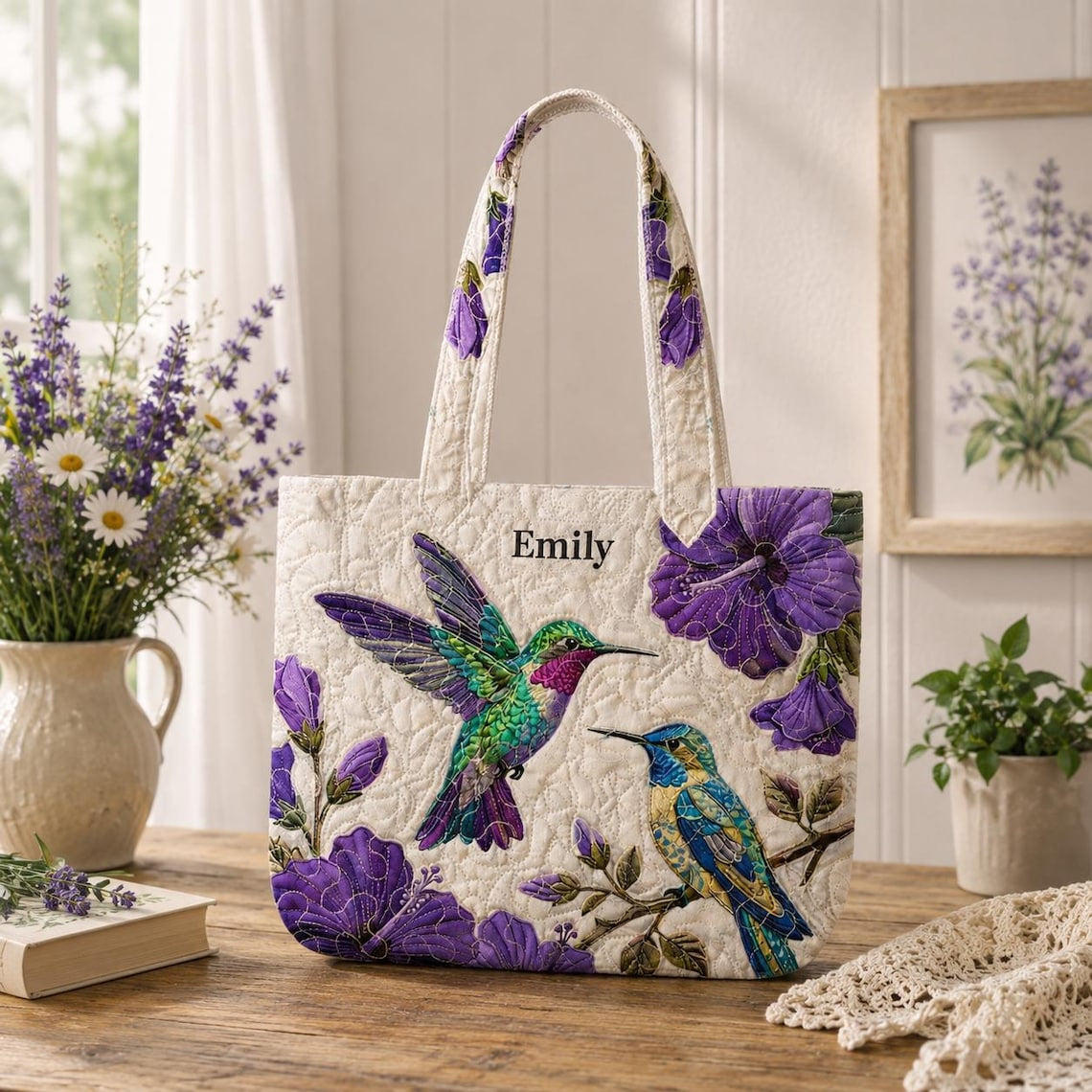 Hummingbird Quilted Tote Bag, Floral Bird Shoulder Bag, Floral Bird Art Tote, Fabric Tote Bag, Gift Bag QTOTE26