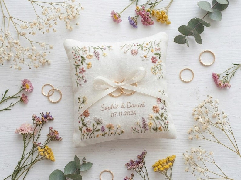 Personalized Embroidered Floral Wedding Ring Bearer Pillow, Custom Name & Wedding Date Ring Pillow, Romantic Wedding Ceremony Keepsake Gift WPILLOW01