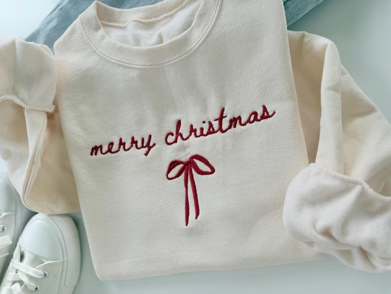 Merry Christmas Bow Embroidered Sweatshirt, Xmas Bow Shirt, Christmas Shirt Gift XMASS01