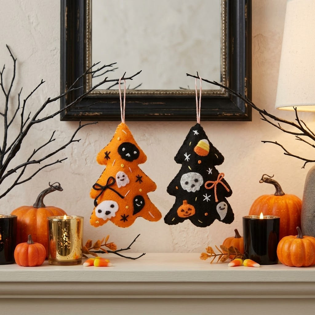 Set 4Pcs Handmade Halloween Tree Felt Tree Ornament, Cute Ghost Pumpkin Skull Hanging Decoration, Spooky Halloween Gift HFOR03