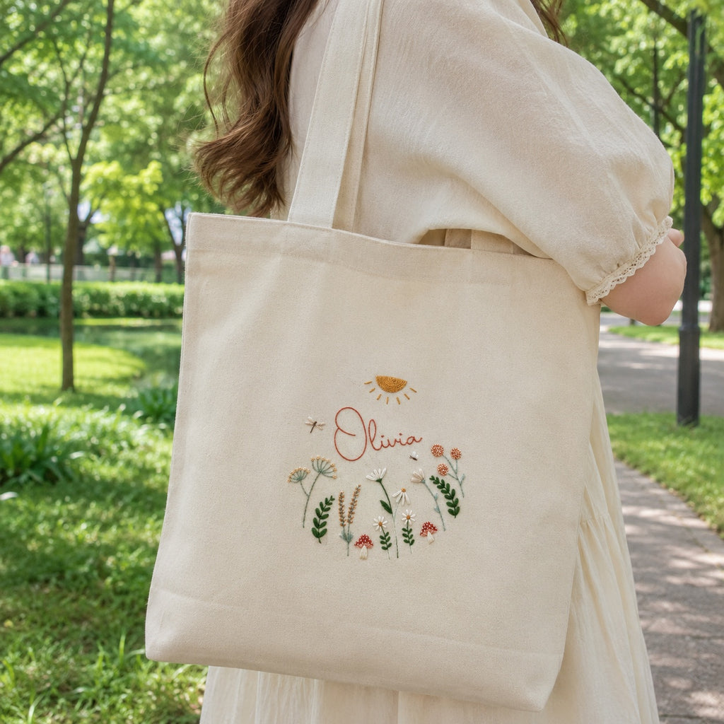 Personalized Hand Embroidered Flower Canvas Tote Bag, Cute Embroidery Tote Bag, Custom Bag, Aesthetic Bag, Handmade Tote Bag EMT01