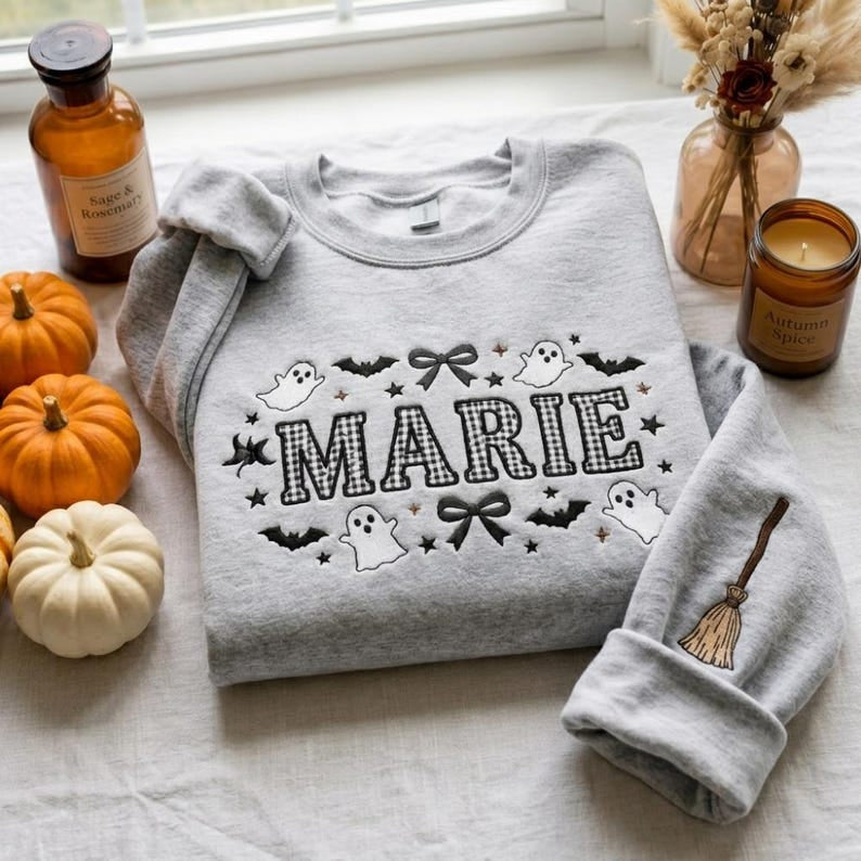 Personalized Halloween Embroidered Sweatshirt, Custom Letter Gingham Applique Shirt, Fall Autumn Crewneck, Spooky Season Gift HLNS01