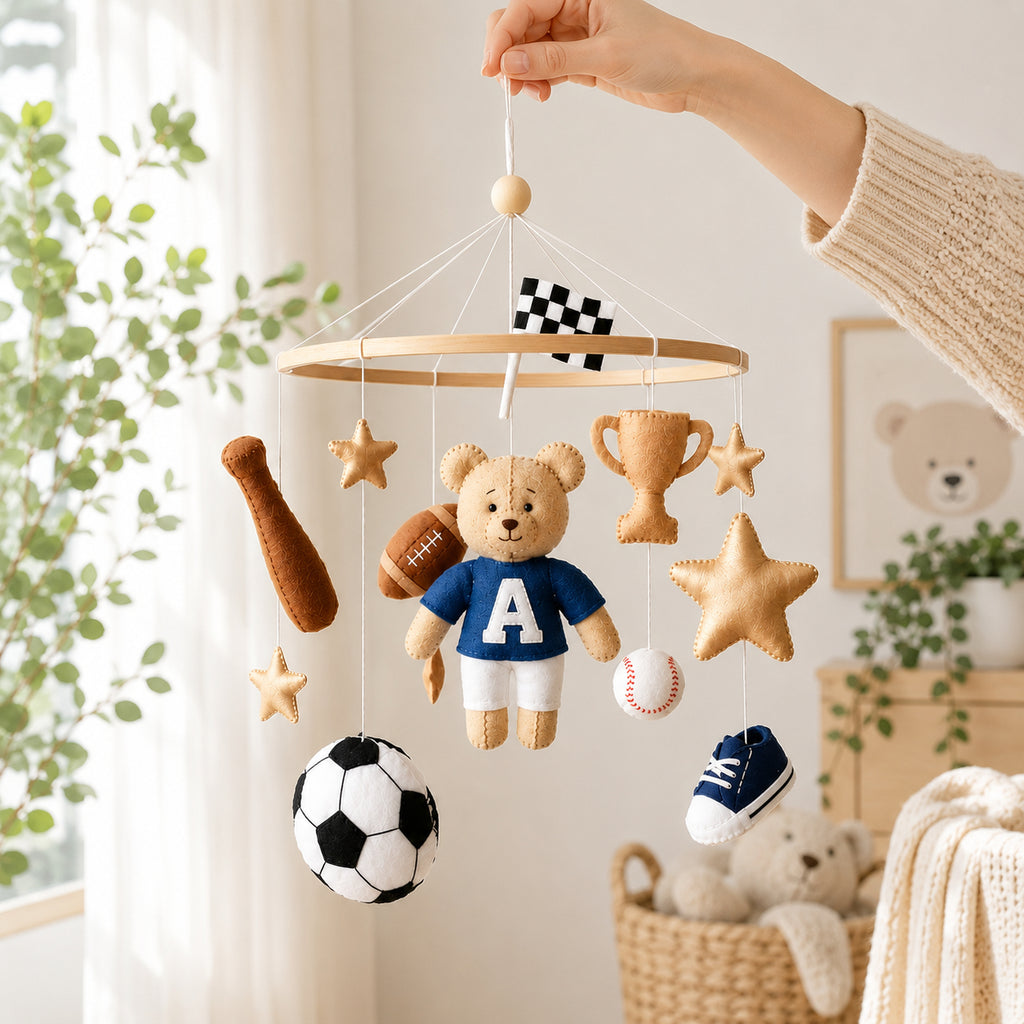 Personalized Sports Felt Baby Mobile, Handmade Bear Nursery Crib Mobile, Football Baseball Soccer Baby Boy Room Decor BBMB01