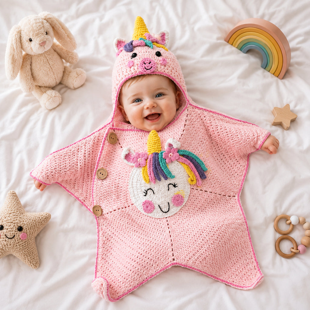 Personalized Unicorn Baby Swaddle, Star Cocoon, Custom Baby Star Romper Sleep Sack, Hooded Newborn Wrap, Handmade Crochet Knit Outfit, Custom Name Baptism Baby Shower Gift BABYSR01