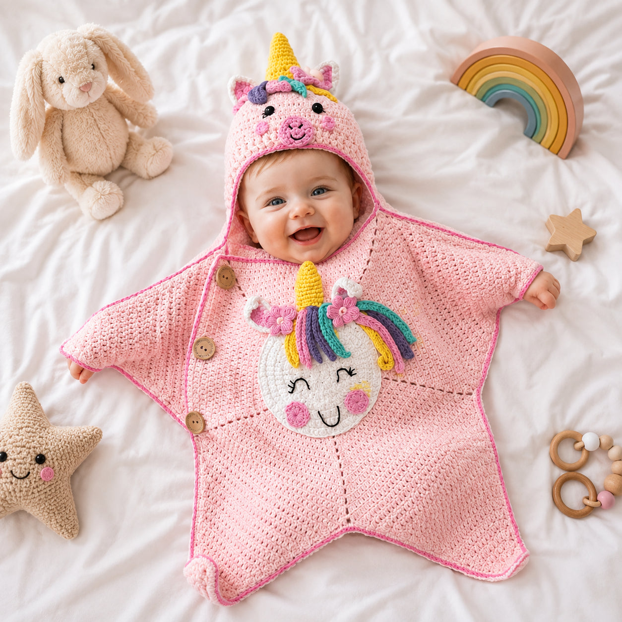 Personalized Unicorn Baby Swaddle, Star Cocoon, Custom Baby Star Romper Sleep Sack, Hooded Newborn Wrap, Handmade Crochet Knit Outfit, Custom Name Baptism Baby Shower Gift BABYSR01