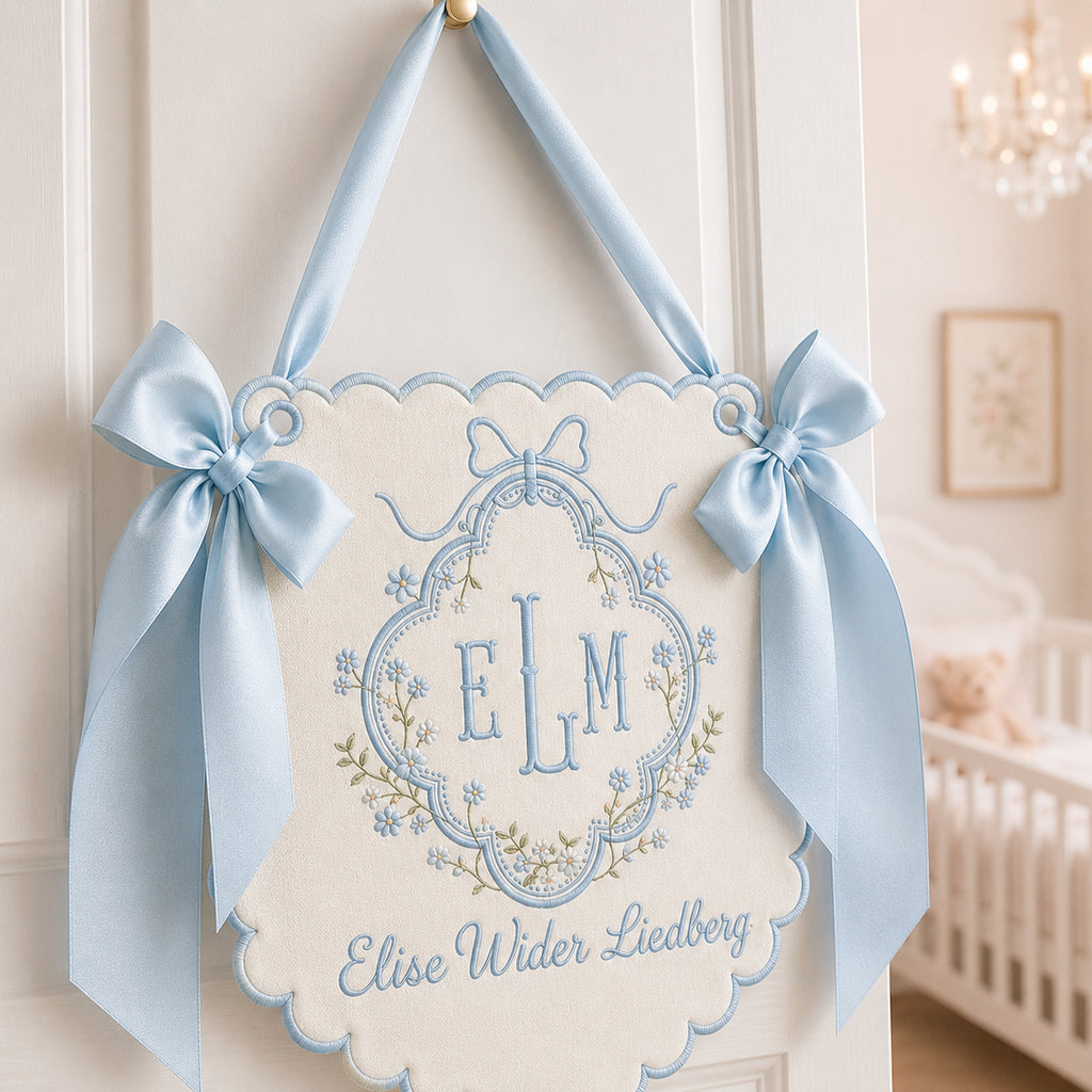 Personalized Embroidered Baby Name Banner, Custom Monogram Nursery Pennant, Hospital Door Announcement, Newborn Nursery Decor Gift BBFLAG01