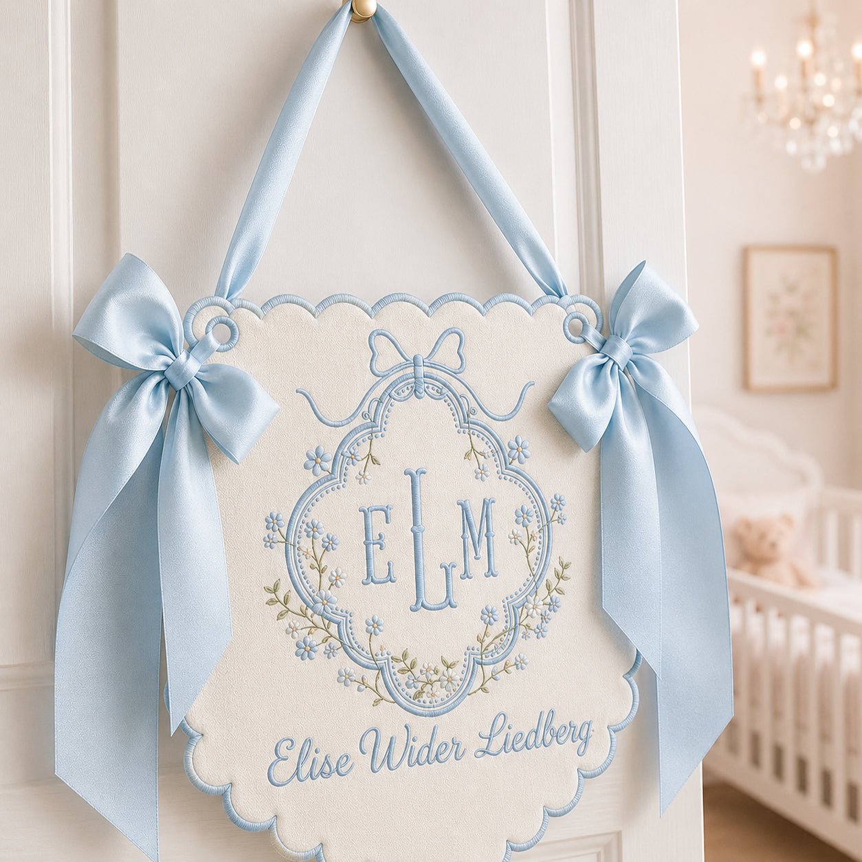 Personalized Embroidered Baby Name Banner, Custom Monogram Nursery Pennant, Hospital Door Announcement, Newborn Nursery Decor Gift BBFLAG01