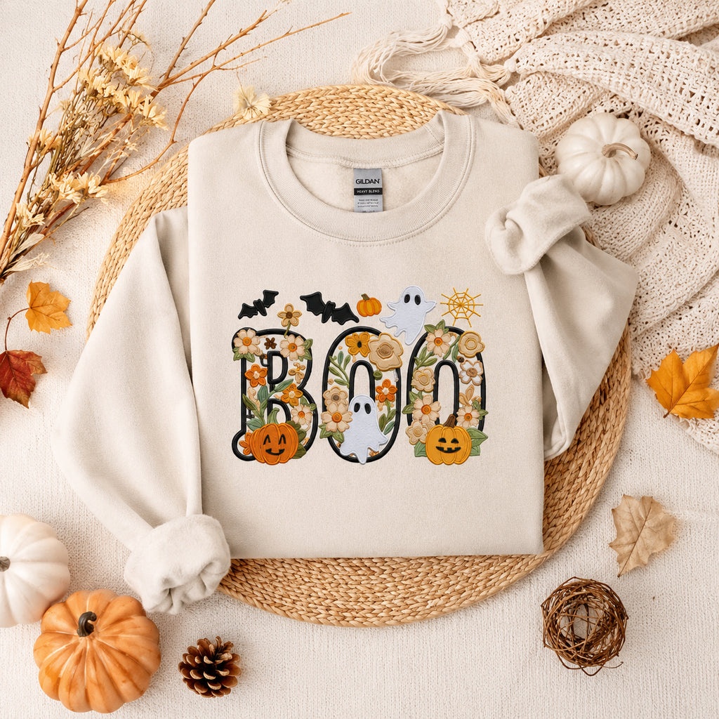 Floral Boo Halloween Shirt, Boo Sweatshirt, Embroidery Ghost Hoodie, Halloween Gift, Trending Halloween Family Clothing HLEM01