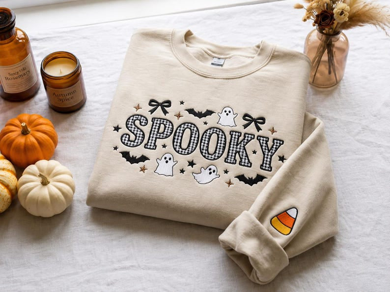 Personalized Halloween Embroidered Sweatshirt, Custom Letter Gingham Applique Shirt, Fall Autumn Crewneck, Spooky Season Gift HLNS01
