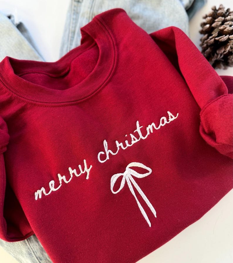 Merry Christmas Bow Embroidered Sweatshirt, Xmas Bow Shirt, Christmas Shirt Gift XMASS01