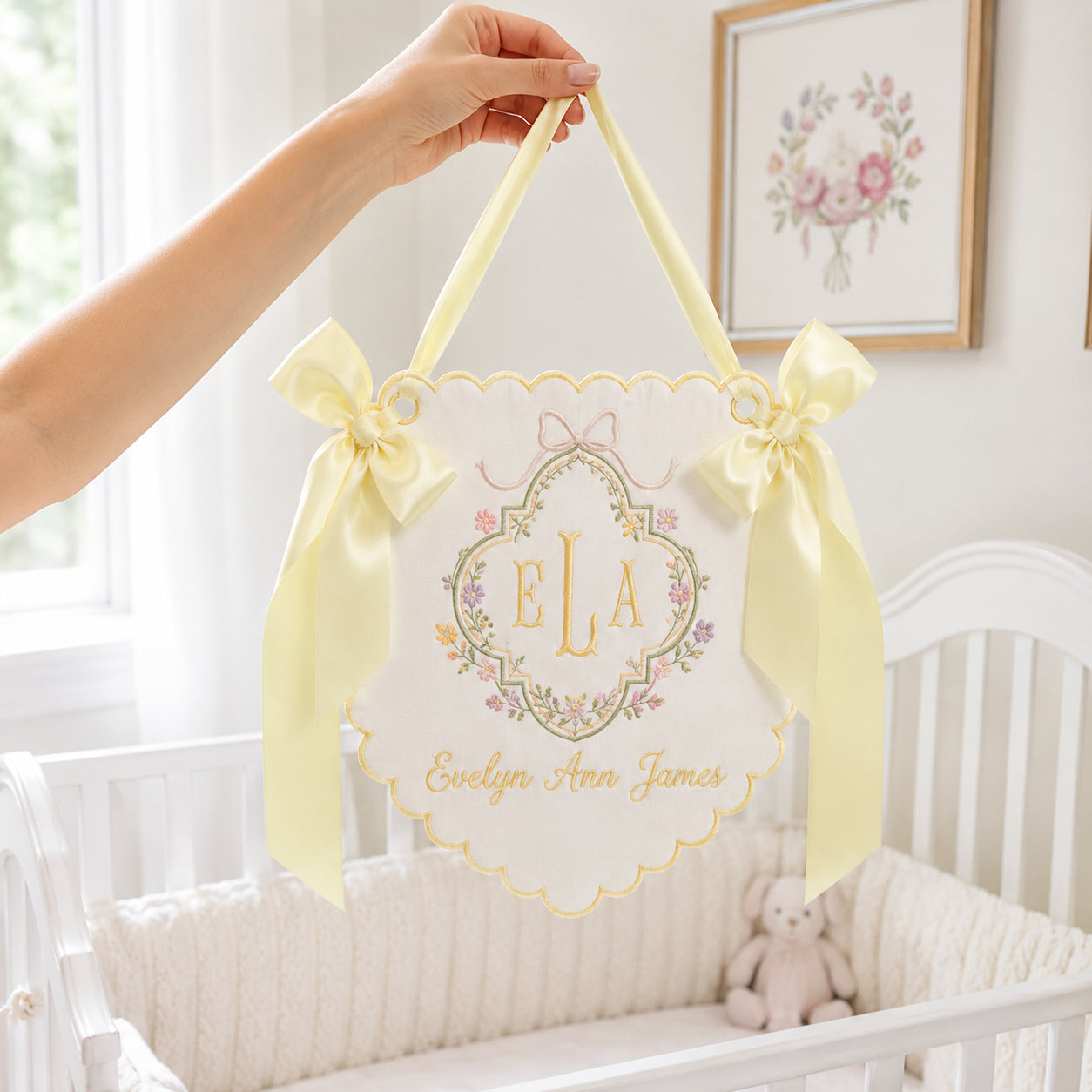 Personalized Embroidered Baby Name Banner, Custom Monogram Nursery Pennant, Hospital Door Announcement, Newborn Nursery Decor Gift BBFLAG01