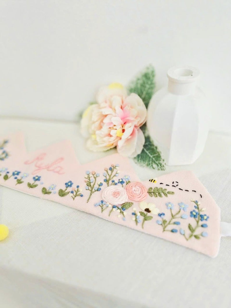 Hand-Embroidered Linen Birthday Crown,  Personalized Floral Name Keepsake, Birthday Crown For Kid, Custom Embroidered Crown EMC01