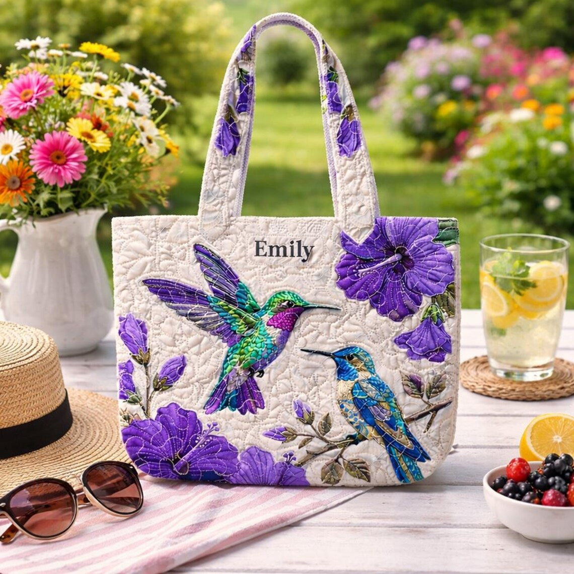 Hummingbird Quilted Tote Bag, Floral Bird Shoulder Bag, Floral Bird Art Tote, Fabric Tote Bag, Gift Bag QTOTE26