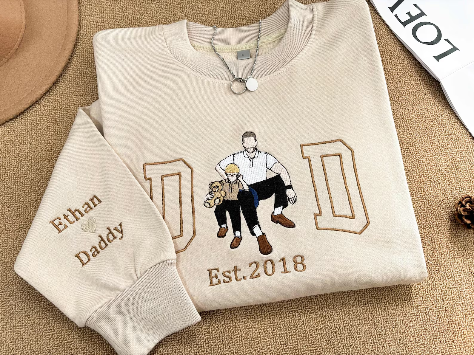 Custom Dad Embroidered Photo Portrait Sweatshirt, Personalized Father’s Day Gift with Name on Sleeve