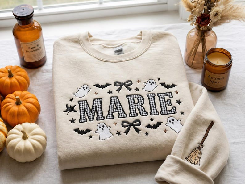 Personalized Halloween Embroidered Sweatshirt, Custom Letter Gingham Applique Shirt, Fall Autumn Crewneck, Spooky Season Gift HLNS01