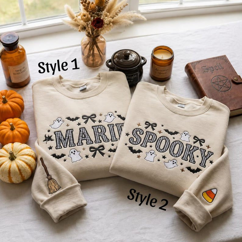 Personalized Halloween Embroidered Sweatshirt, Custom Letter Gingham Applique Shirt, Fall Autumn Crewneck, Spooky Season Gift HLNS01