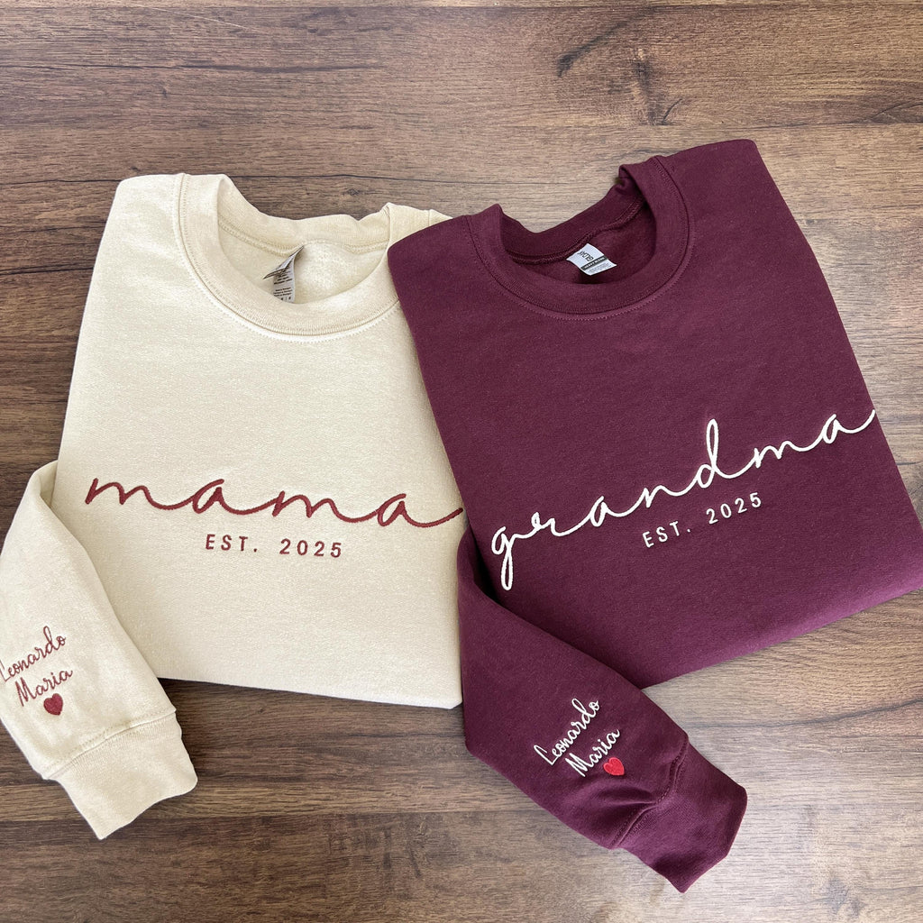 Custom Embroidered Sweatshirt, Name On Sleeve With Heart, Mama Est Year Shirt, Grandma Shirt With Date, Gift For New Mom, Mothers Day Gift