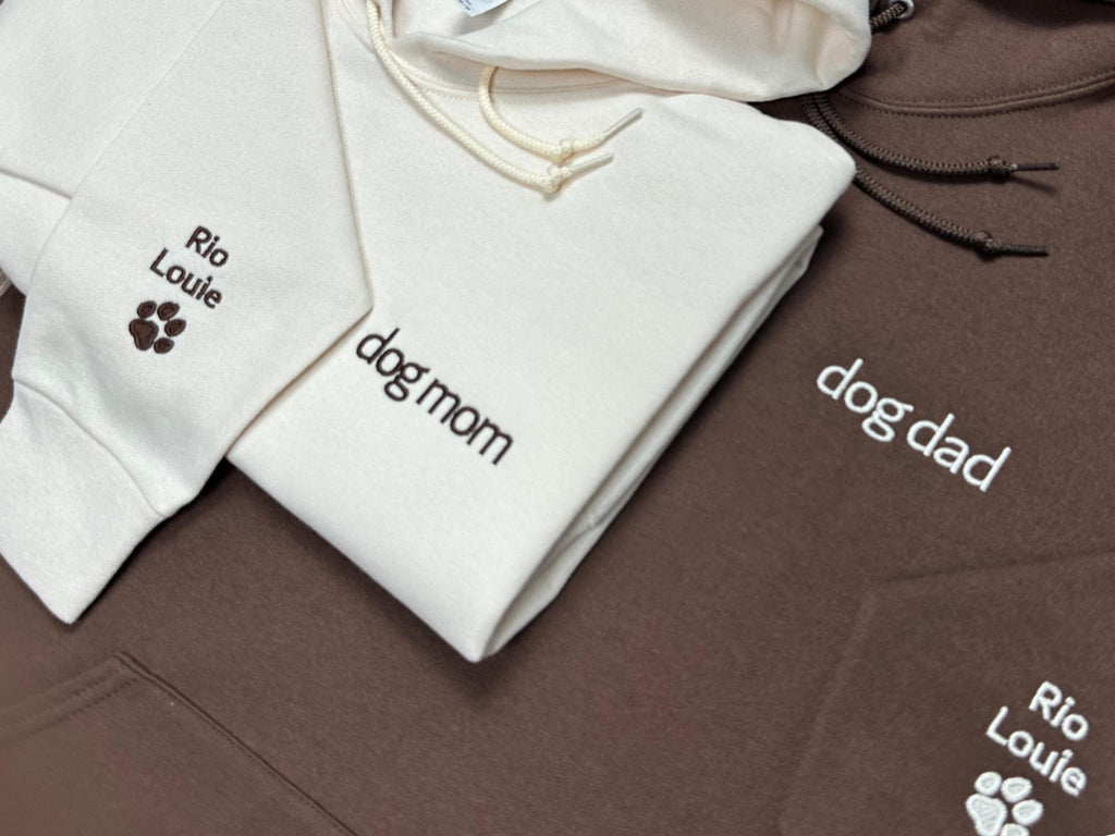 Custom Embroidered Dog Dad and Dog Mom Hoodie with each Dogs' Names on Sleeve, Personalized Dog Dad or Dog Mom Gift, New Pet Dad Dog Mom