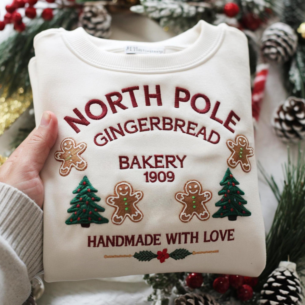 North Pole Gingerbread Embroidered Sweatshirt, Christmas Bakery Crewneck, Holiday Sweater, Cute Gingerbread Shirt, Xmas Gift for Her