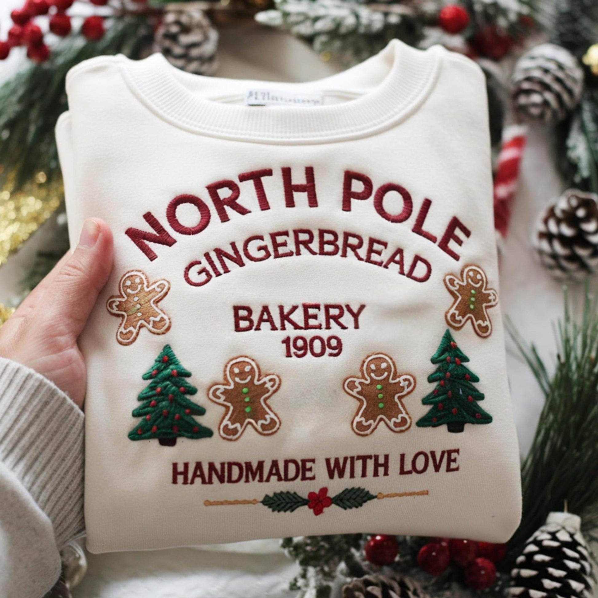 North Pole Gingerbread Embroidered Sweatshirt, Christmas Bakery Crewneck, Holiday Sweater, Cute Gingerbread Shirt, Xmas Gift for Her