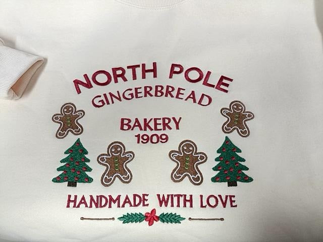 North Pole Gingerbread Embroidered Sweatshirt, Christmas Bakery Crewneck, Holiday Sweater, Cute Gingerbread Shirt, Xmas Gift for Her