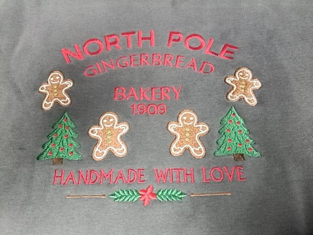 North Pole Gingerbread Embroidered Sweatshirt, Christmas Bakery Crewneck, Holiday Sweater, Cute Gingerbread Shirt, Xmas Gift for Her