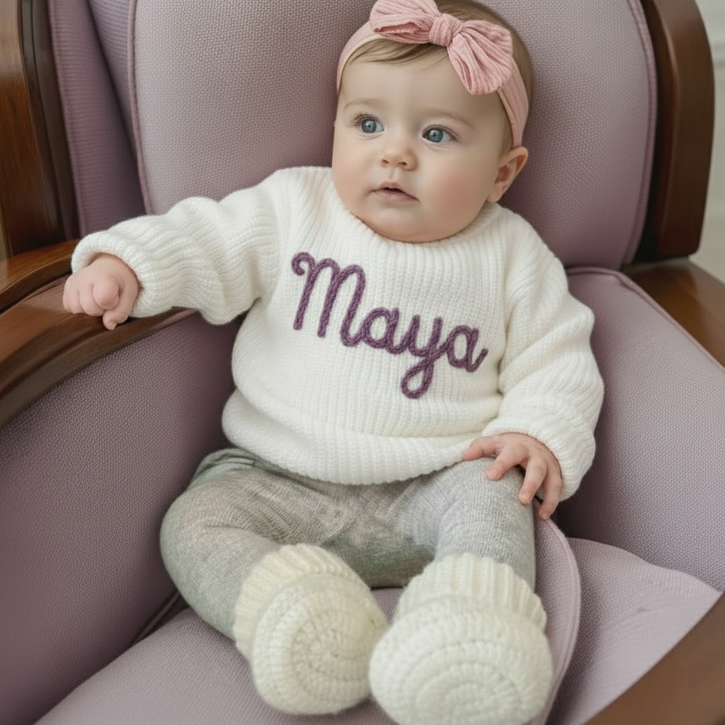 Personalized Hand Embroidered Baby Name Sweater, Custom Knit Sweater for Girls Boys, Birthday Gift, Baby Outfit