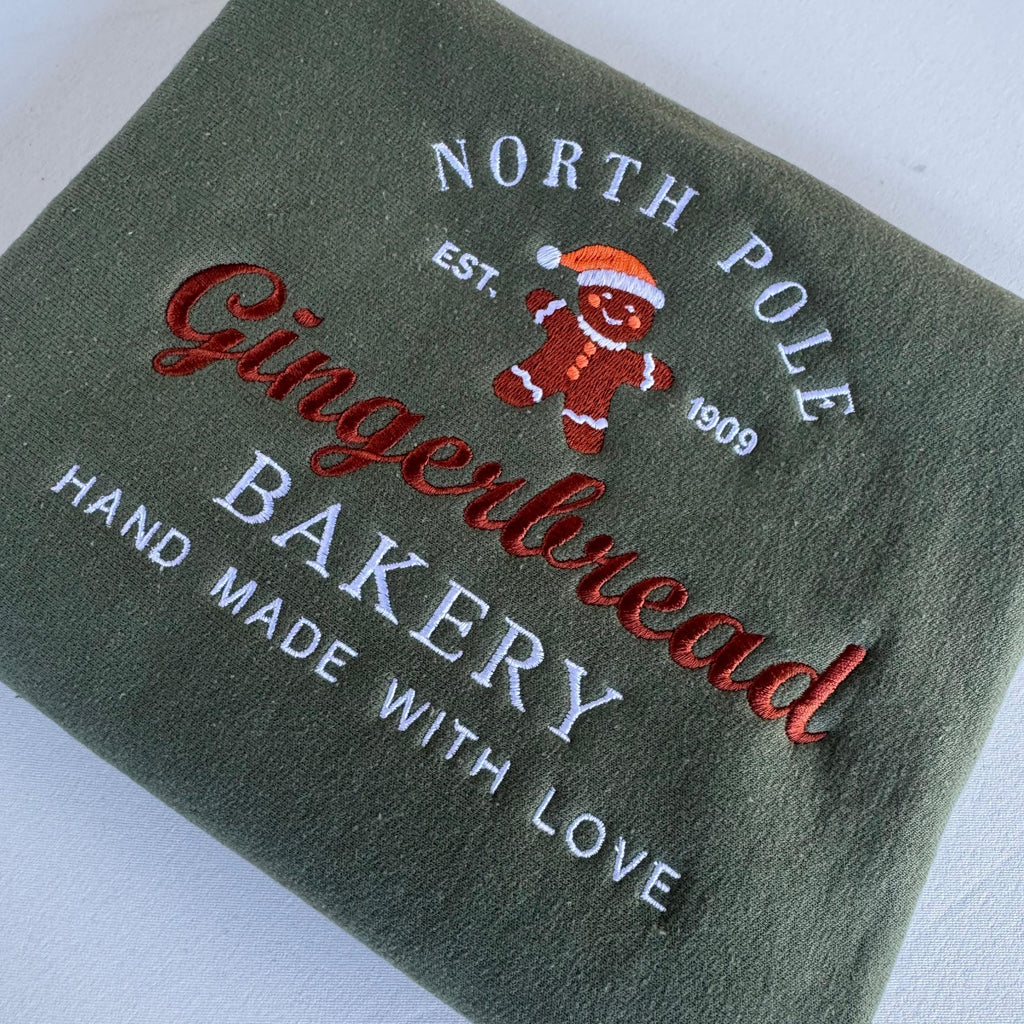 Gingerbread Bakery Embroidered Sweatshirt, Christmas Crewneck Holiday Sweater, North Pole Cookie Baking Shirt, Xmas Women Gift, Baker Gift