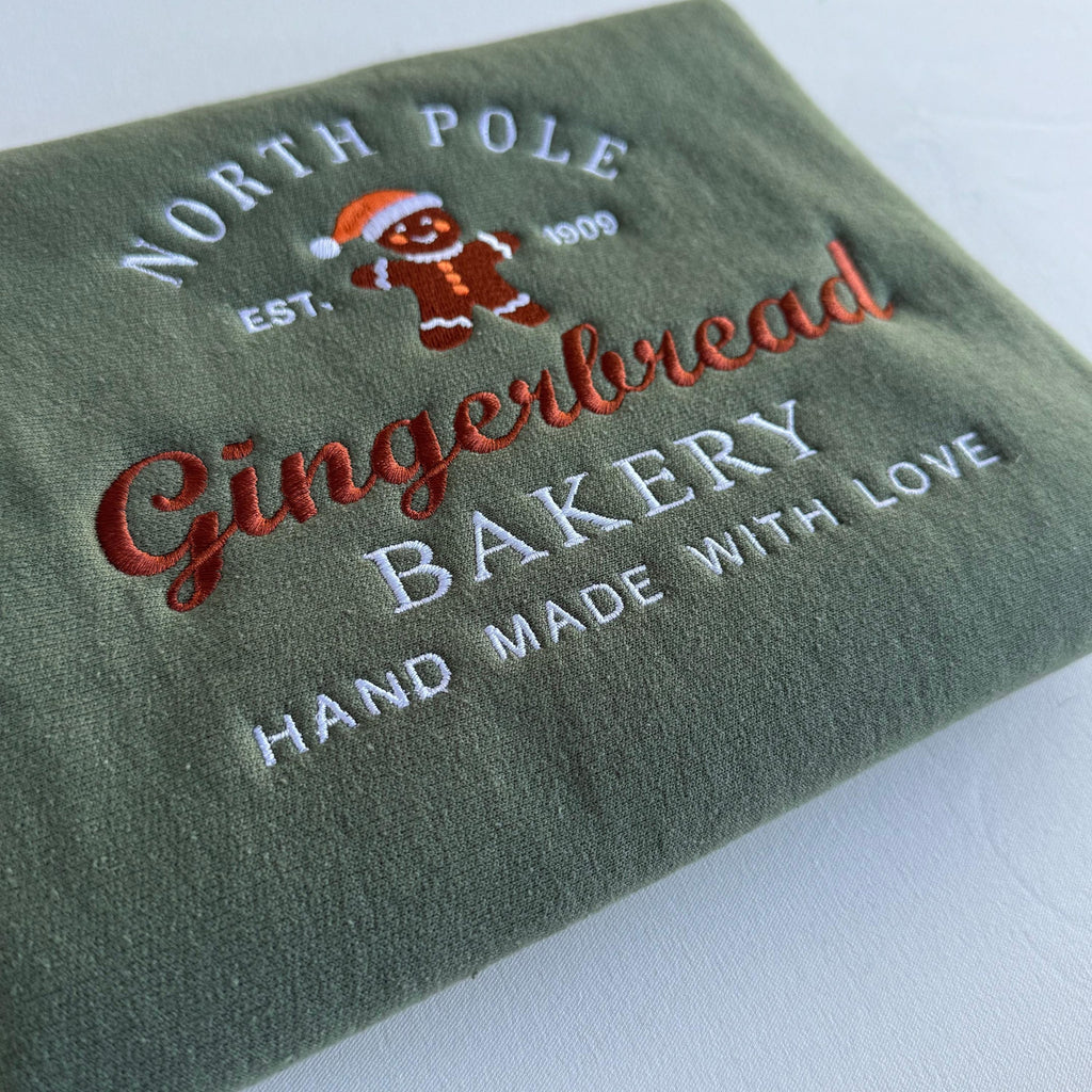 Gingerbread Bakery Embroidered Sweatshirt, Christmas Crewneck Holiday Sweater, North Pole Cookie Baking Shirt, Xmas Women Gift, Baker Gift
