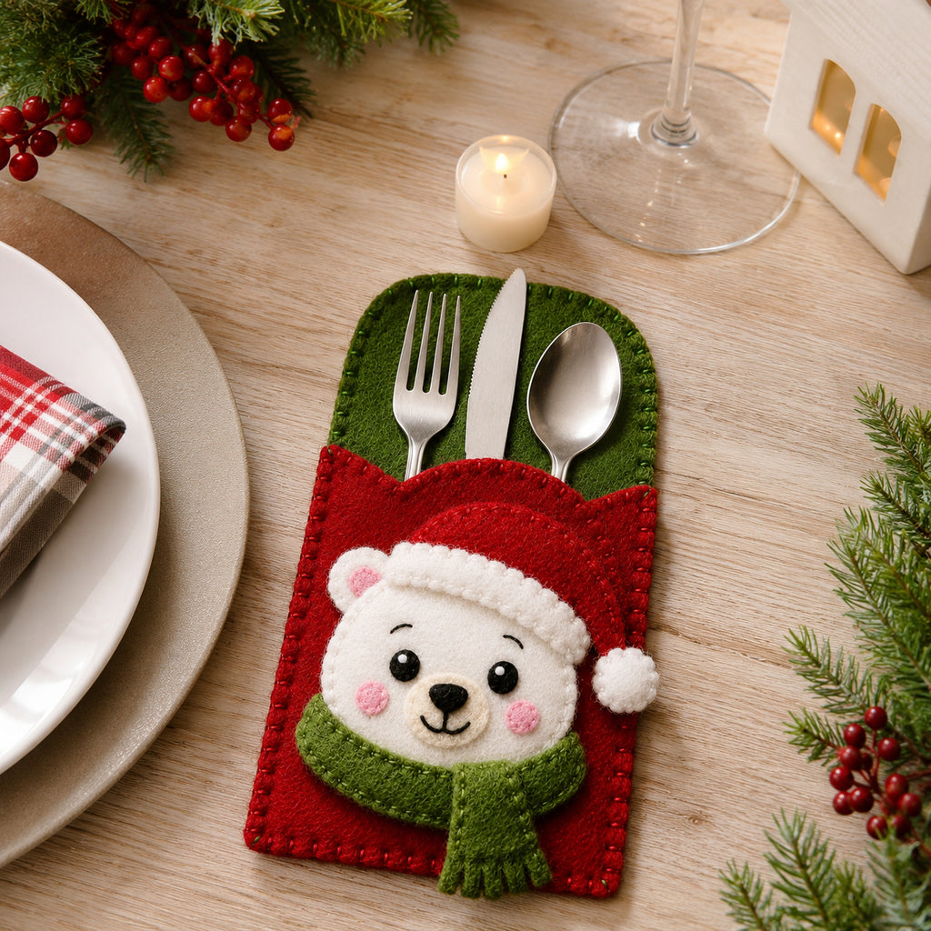 Christmas Polar Bear Felt Silverware Holder, Holiday Cutlery Pocket, Winter Table Decor, Festive Place Setting FELTCH20
